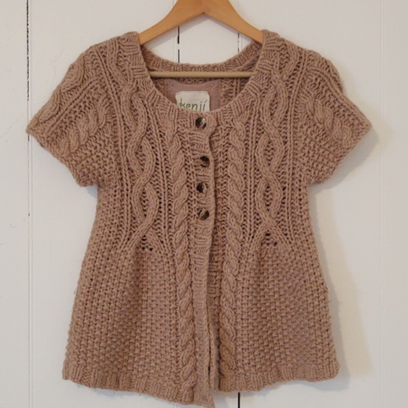 Kenji Sweaters - Kenji Lambswool Angora Blend Cable Knit Button Short Sleeve Sweater